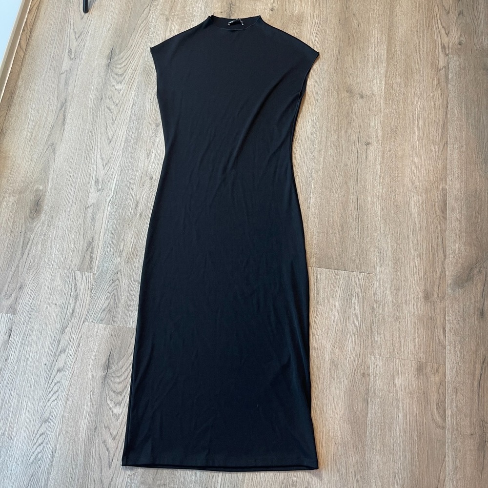 ZARA Black Ribbed Knit Sleeveless High Neck Midi Dress Womens Size Large L